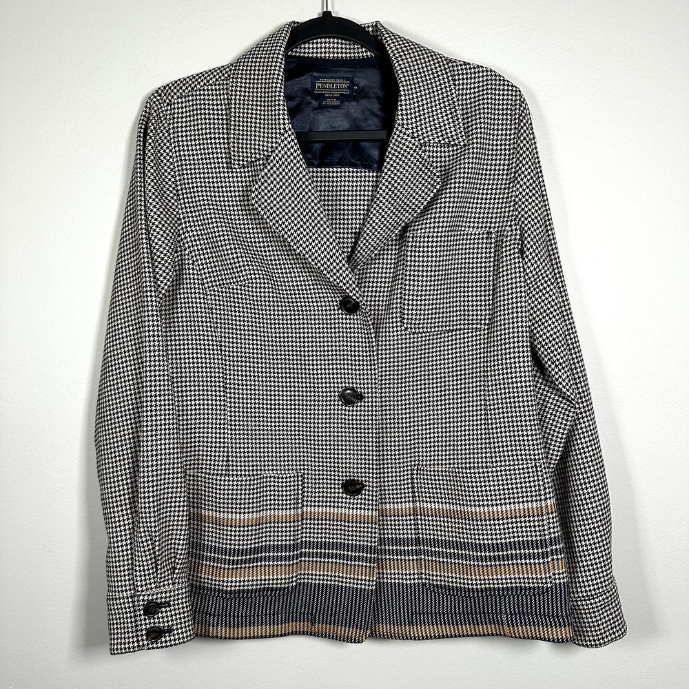Pendleton Medium Tan‎ Navy Blue 100% Virgin Wool Button Up Jacket Blazer